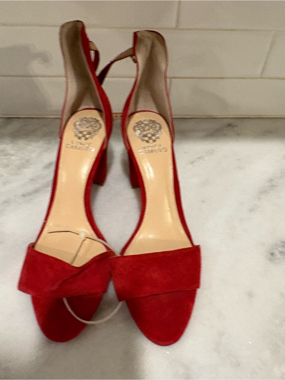 Vince Camuto Red Suede Open-Toe Block Heel Sandals